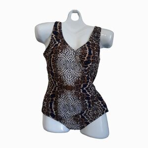 Faux Wrap Front Women's Blue and Brown Leopard Print Swimsuit Size 14 Like New